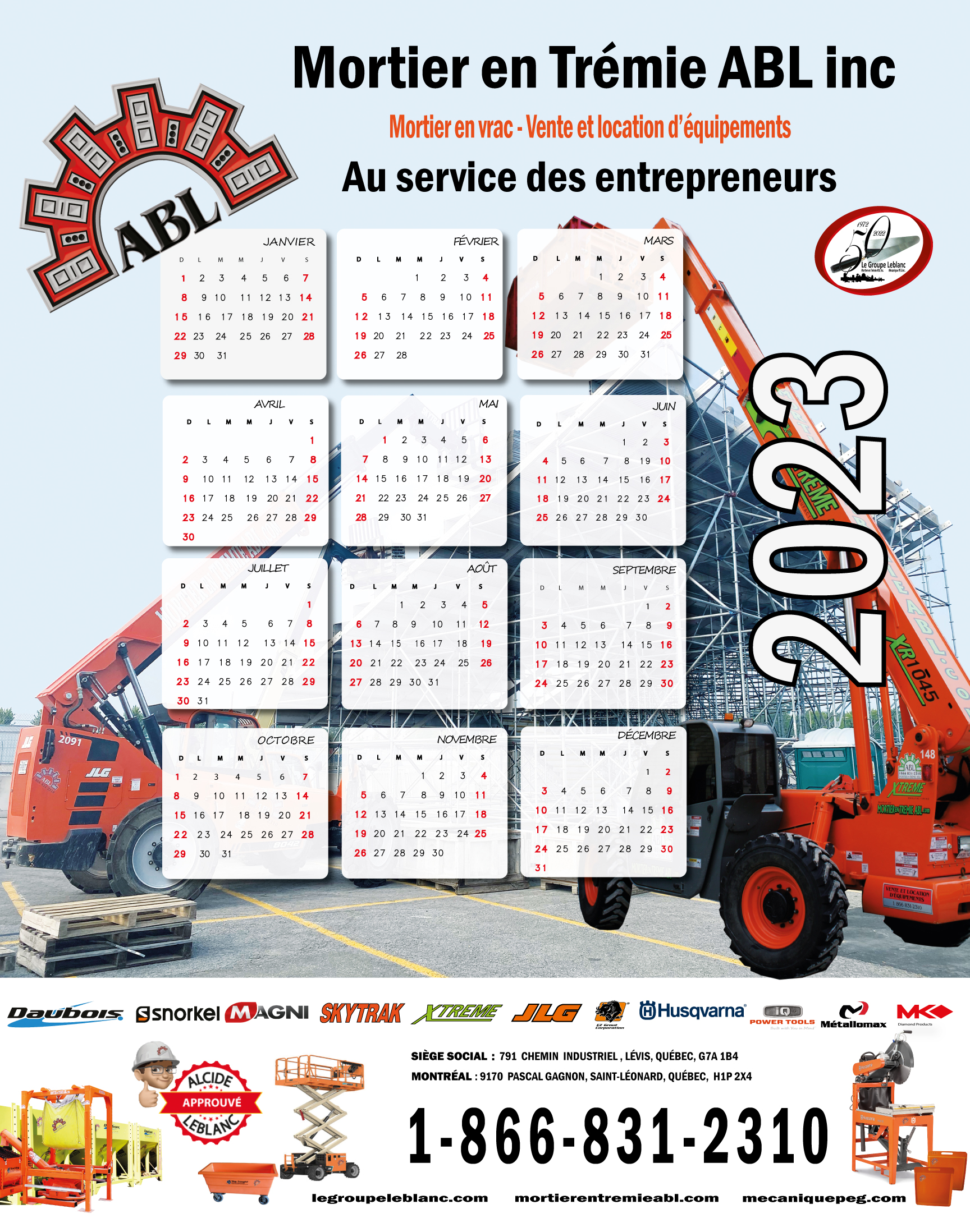 Calendrier Grand Prix Camion 2023 Mortier Pré-Mélangé ,Vente Location Équipements, Maçonnerie Leblanc Magni  Roto Telescopique